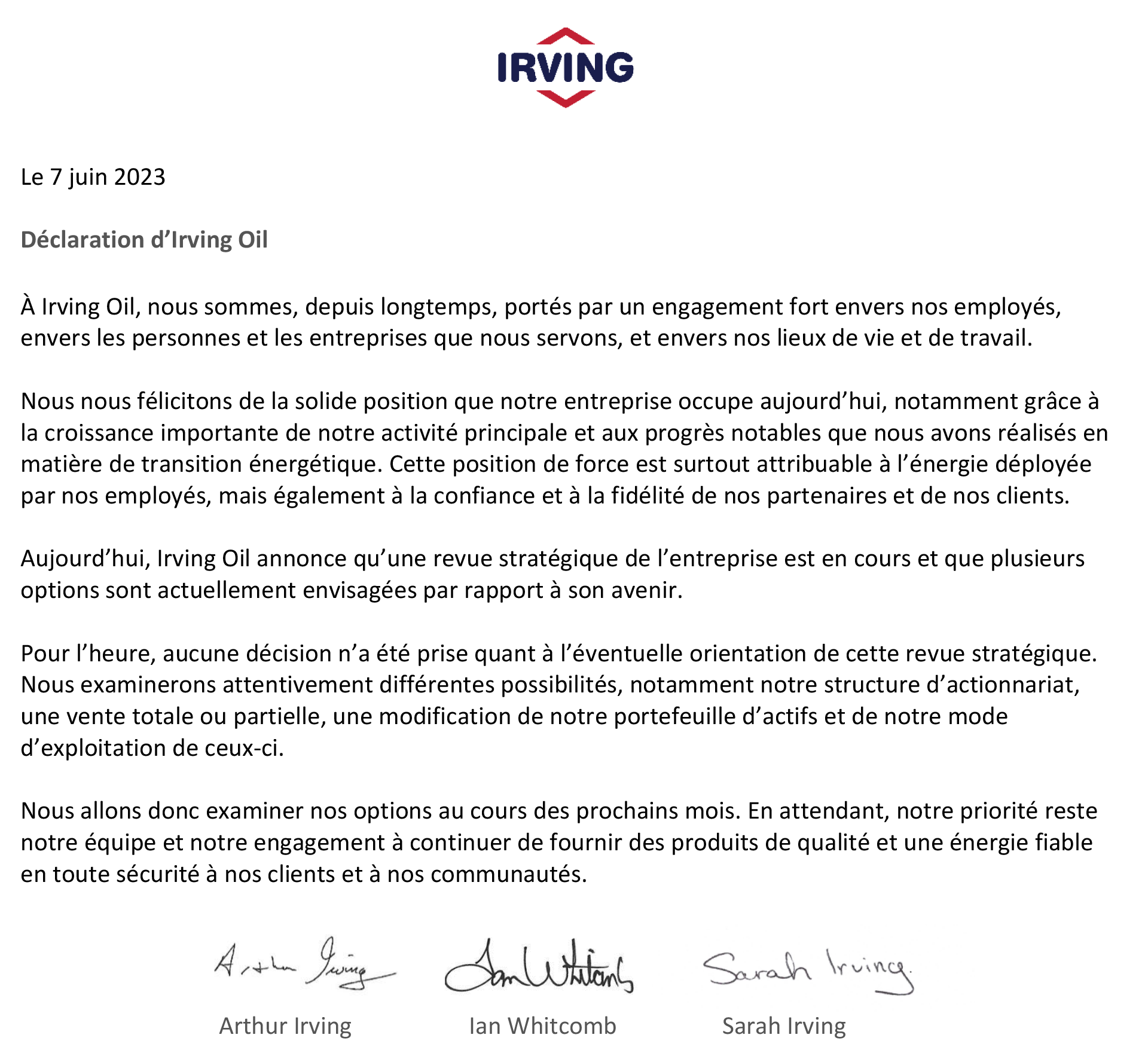Déclaration d’Irving Oil