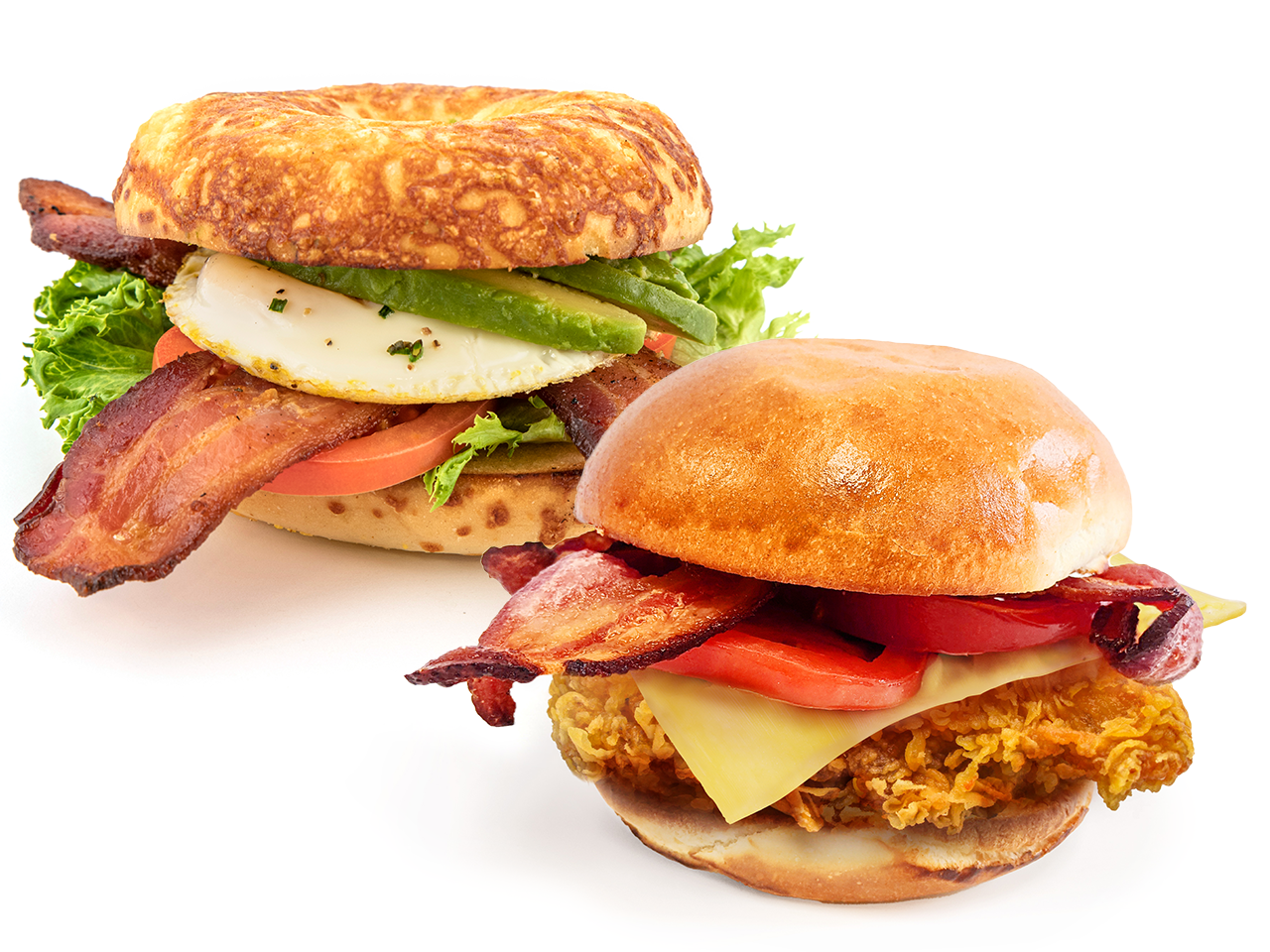 Breakfast sandwich and chicken burger