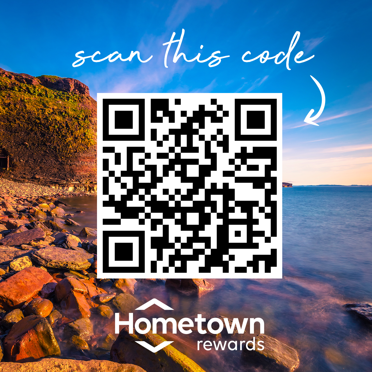 A barcode to scan to download the Hometown rewards app, with a scenic mountain view.
