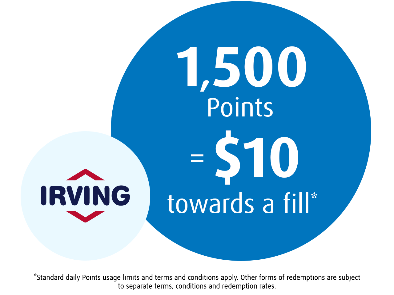 Graphic text reads “1,500 Points = $10 towards a fill” next to the Irving logo, with small disclaimer text along the bottom.