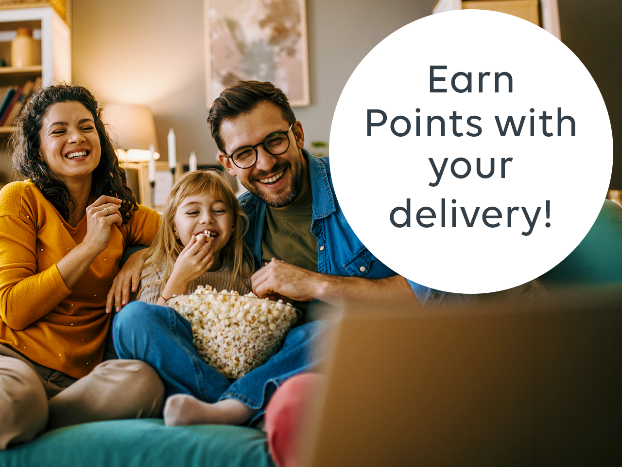A family photo, with the text 'Earn points with your delivery' embedded in a circle