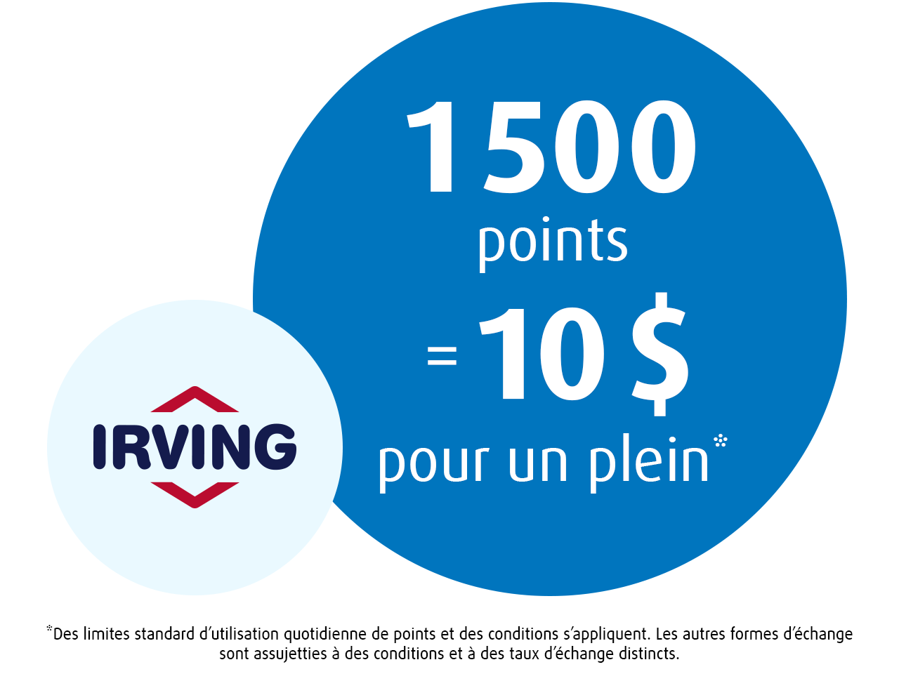 Le texte graphique indique « 1 500 points = 10 $ pour un remplissage » à côté du logo d'Irving, avec un petit texte de disclaimer en bas.