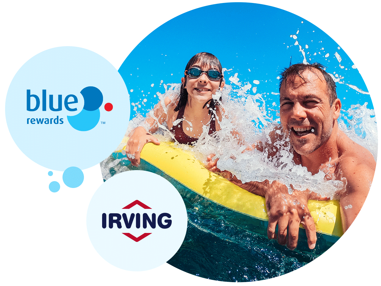 Two people hold a yellow float in clear blue water as a wave splashes toward the camera; one person wears swim goggles. Blue Rewards and Irving logos appear in circular overlays.