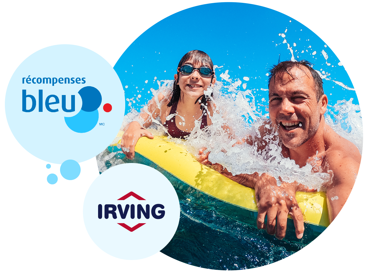 Two people hold a yellow float in clear blue water as a wave splashes toward the camera; one person wears swim goggles. Blue Rewards and Irving logos appear in circular overlays.