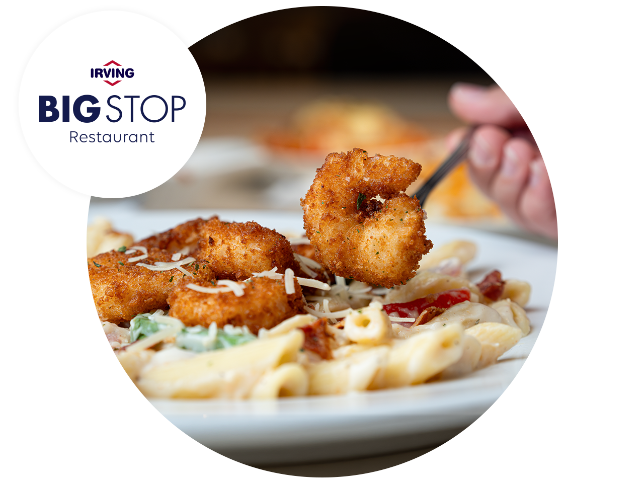 Big Stop Restaurant logo beside a close-up of breaded seafood or shrimp served over creamy penne pasta with shredded cheese and bacon. A fork lifts one breaded piece from the plate