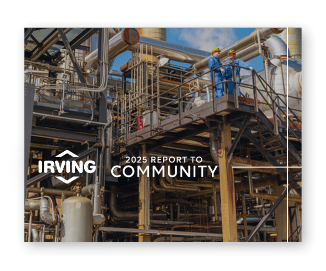 2025 Report to Community cover featuring an industrial facility and two workers on an elevated platform.