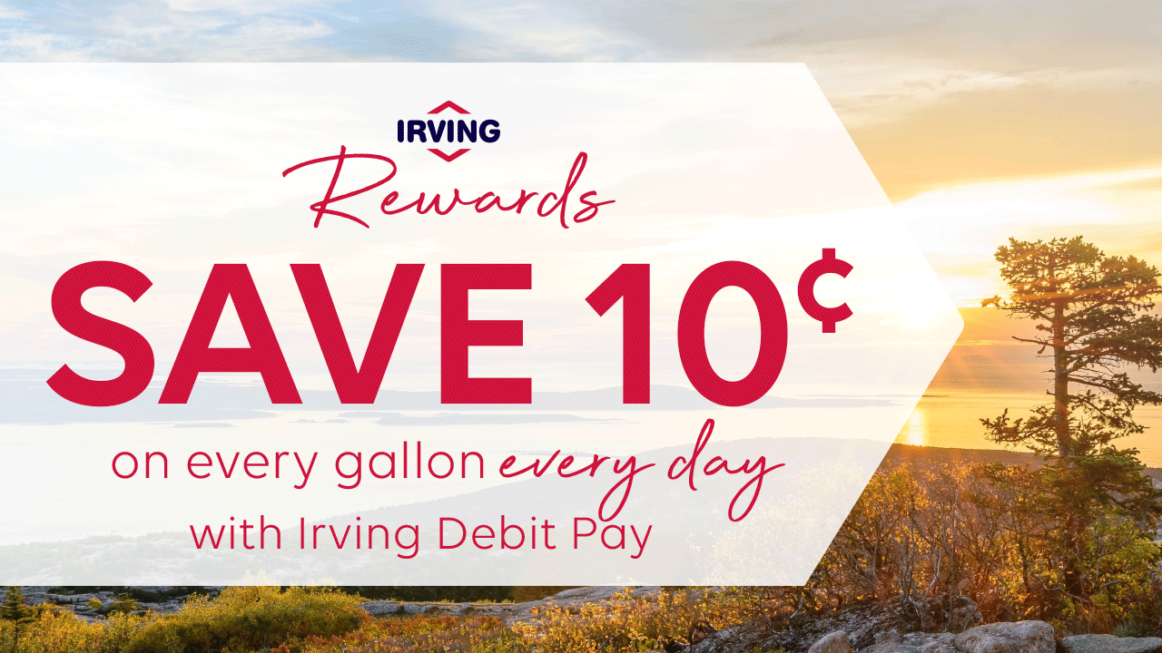 Beautiful sunset over lake banner for Irving Rewards offering, save 10 cents on every gallon everyday offer.