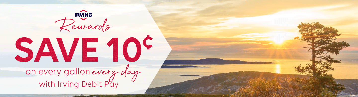 Beautiful sunset over lake banner for Irving Rewards offering, save 10 cents on every gallon everyday offer.