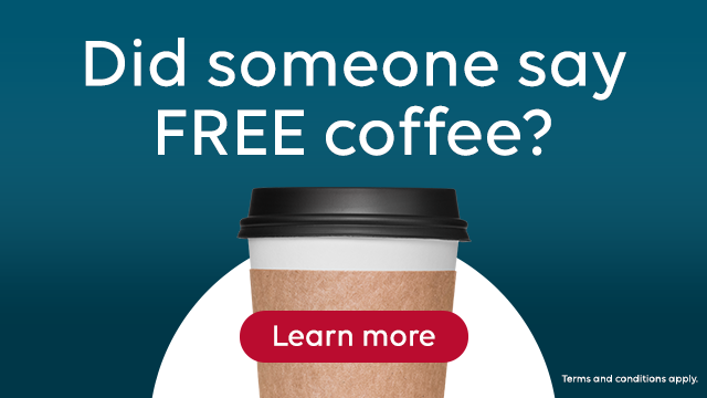 Banner ad reading “Did someone say FREE coffee?” with a takeaway coffee cup and a red “Learn more” button. Small text: “Terms and conditions apply.”