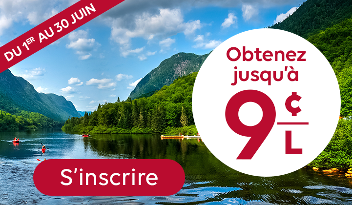 Promotional graphic: scenic river with kayakers and forested mountains under a blue sky; banner reads “June 1–30.” Large circle text says “Earn up to 9¢/L,” with a red “Opt in” button below.