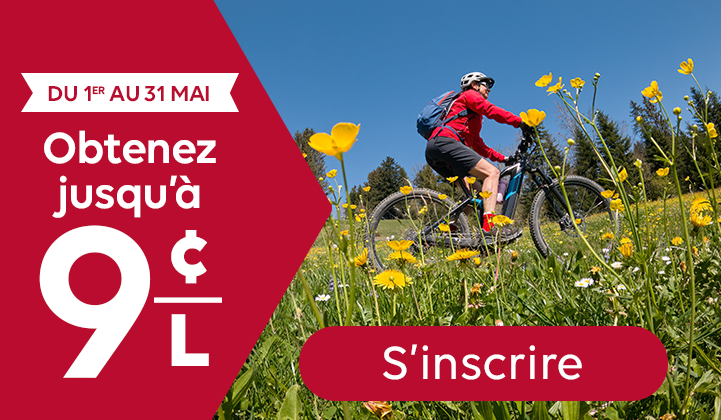Offre promotionnelle en français : « Du 1er au 31 mai, obtenez jusqu’à 9 ¢/L ». Bouton « S’inscrire ». Image d’une personne à vélo roulant dans un champ de fleurs jaunes sous un ciel bleu.