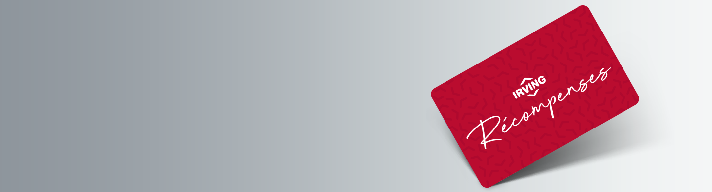 Carte Irving Rewards sur fond gris clair.