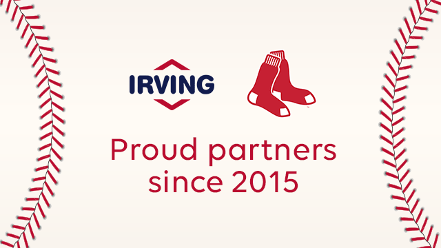 Banner image for the collaboration between Irving Oil and Redsox where background looks like a baseball and at the center there is mention of the partnership since 2015