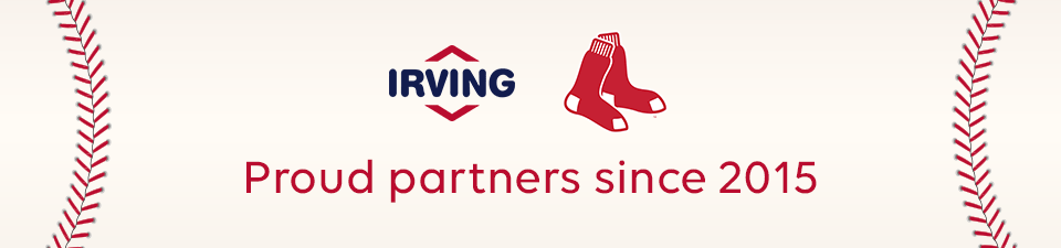 Banner image for the collaboration between Irving Oil and Redsox where background looks like a baseball and at the center there is mention of the partnership since 2015